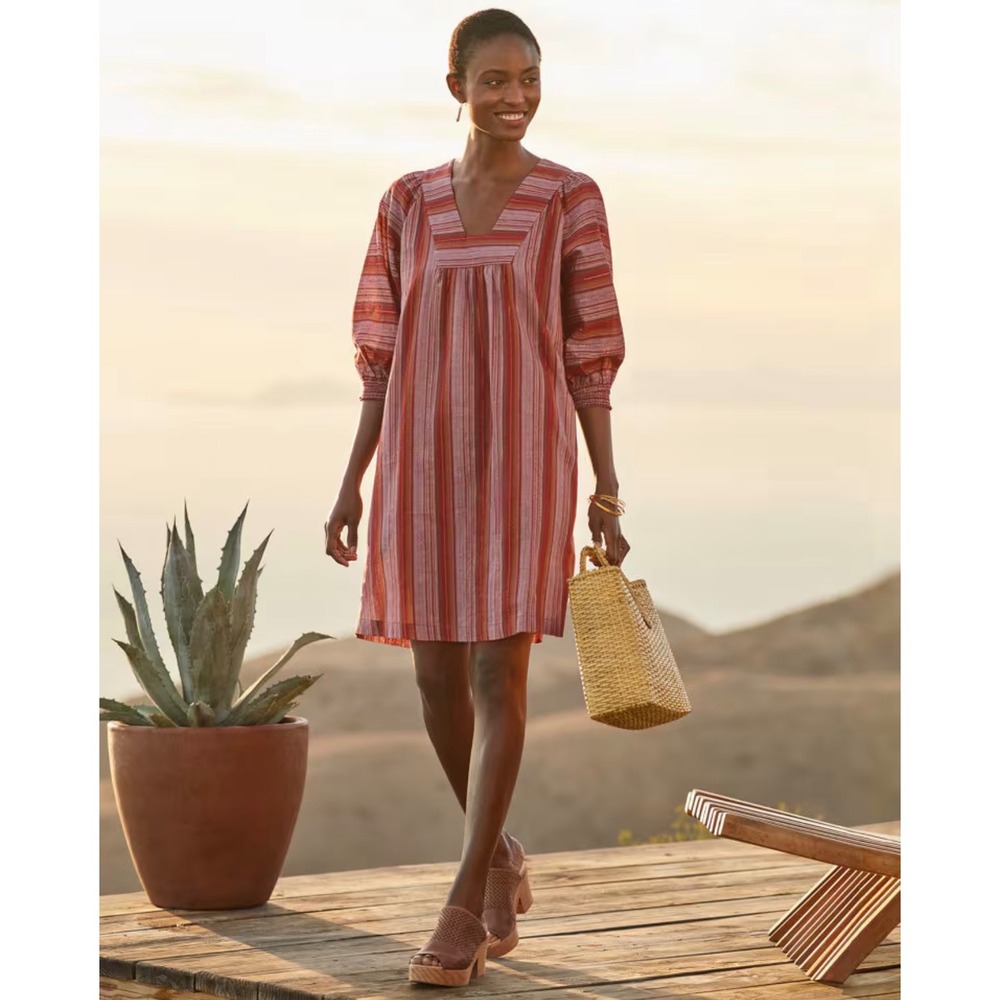 Garnet Hill Shift Dress Women L Red Orange Excellent Striped Organic Cotton Boho